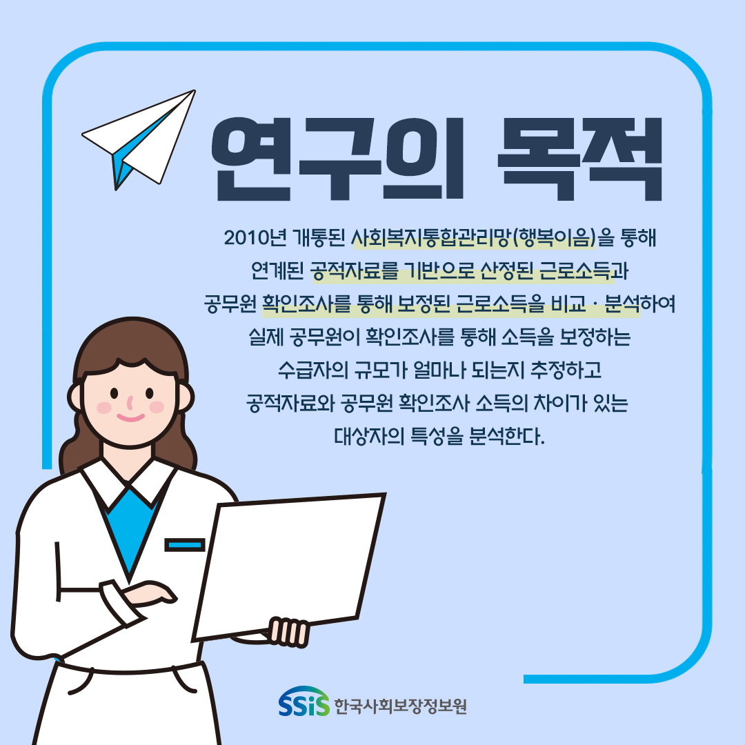 연구의 목적. 2010년 개통된 사회복지통합관리망(행복이음)을 통해 연계된 공적자료를 기반으로 산정된 근로소득과 공무원 확인조사를 통해 보정된 근로소득을 비교 · 분석하여 실제 공무원이 확인조사를 통해 소득을 보정하는 수급자의 규모가 얼마나 되는지 추정하고 공적자료와 공무원 확인조사 소득의 차이가 있는 대상자의 특성을 분석한다, 한국사회보장정보원