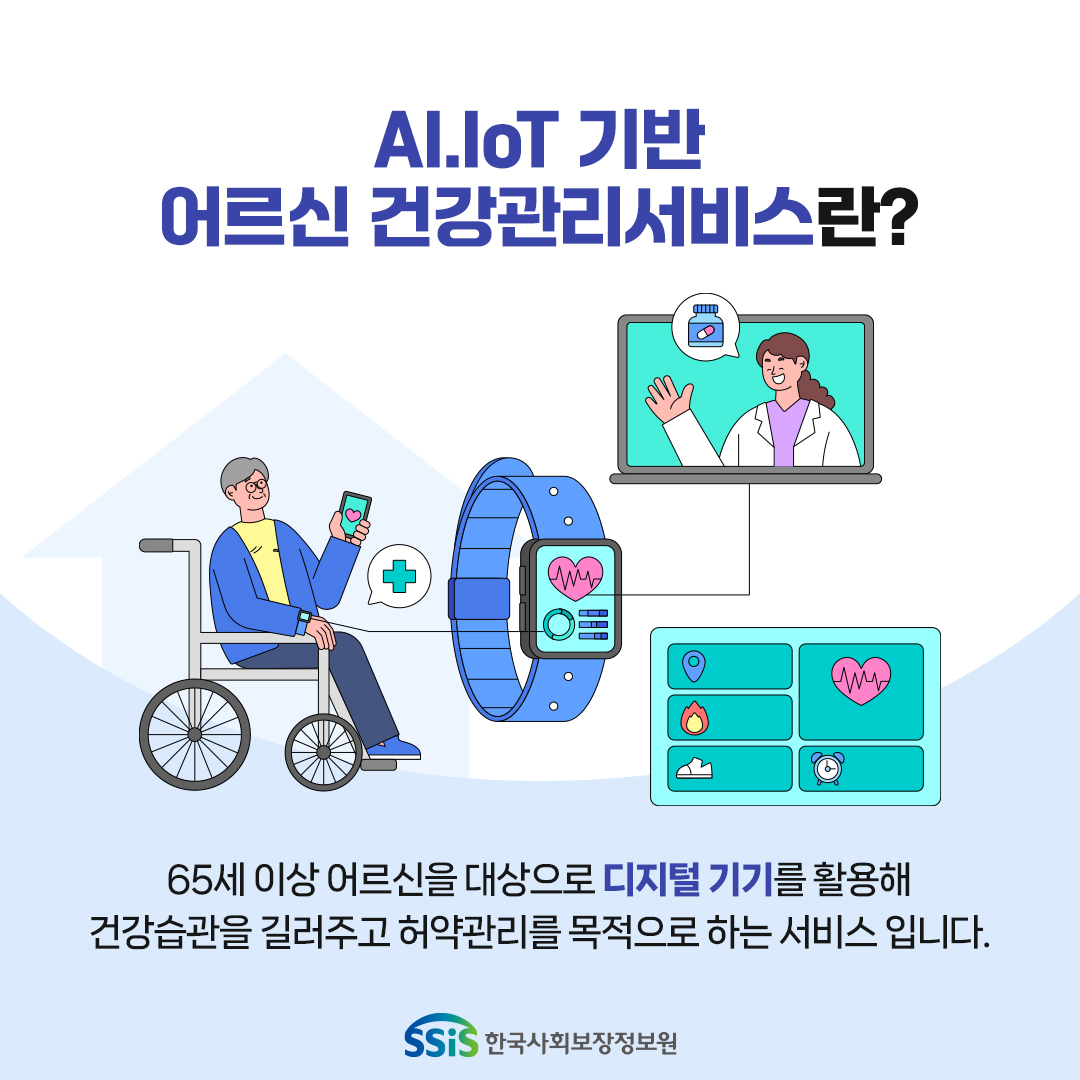 AI.IoT기반 어르신 건강관리서비스란? 65세 이상 어르신을 대상으로 디지털 기기를 활용해 건강습관을 길러주고 허약관리를 목적으로 하는 서비스입니다.