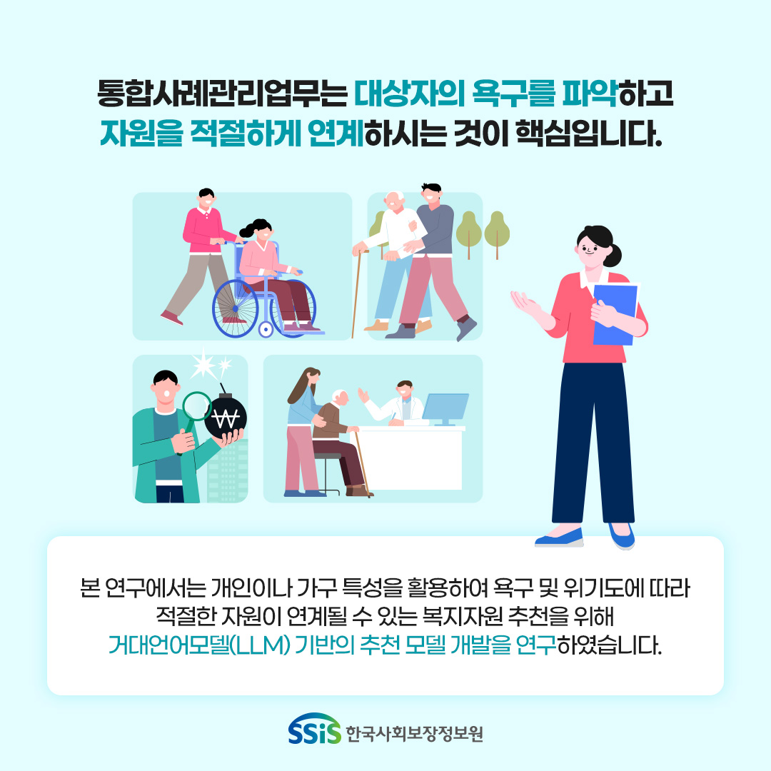 통합사례관리업무는 대상자의 욕구를 파악하고 자원을 적절하게 연계하시는 것이 핵심입니다. 본 연구에서는 개인이나 가구특성을 활용하여 욕구및 위기도에 따라 적절한 자원이 연계될 수 있는 복지자원 추천을 위해 거대언어모델(LLM) 기반의 추천 모델 개발을 연구하였습니다.